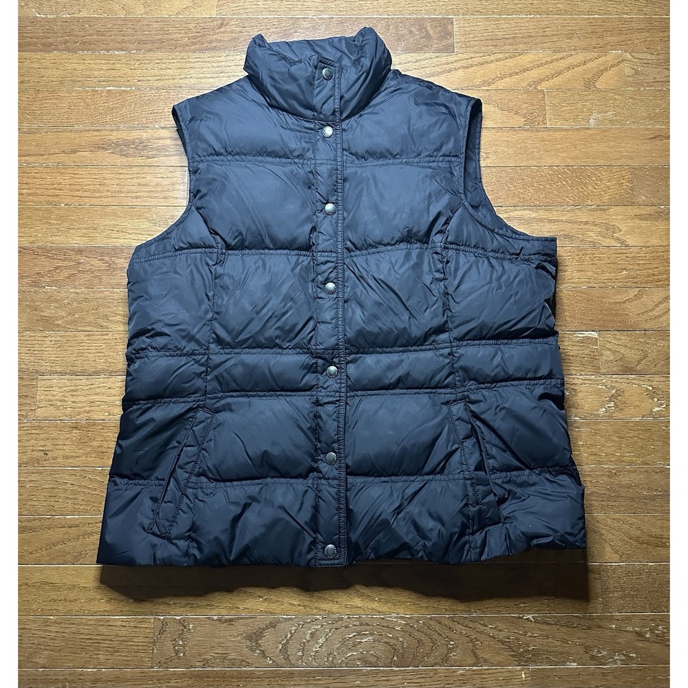 Lands End Puffer Vest Womens Large 14-16 Down Feathers Quilted‎ Black Snap